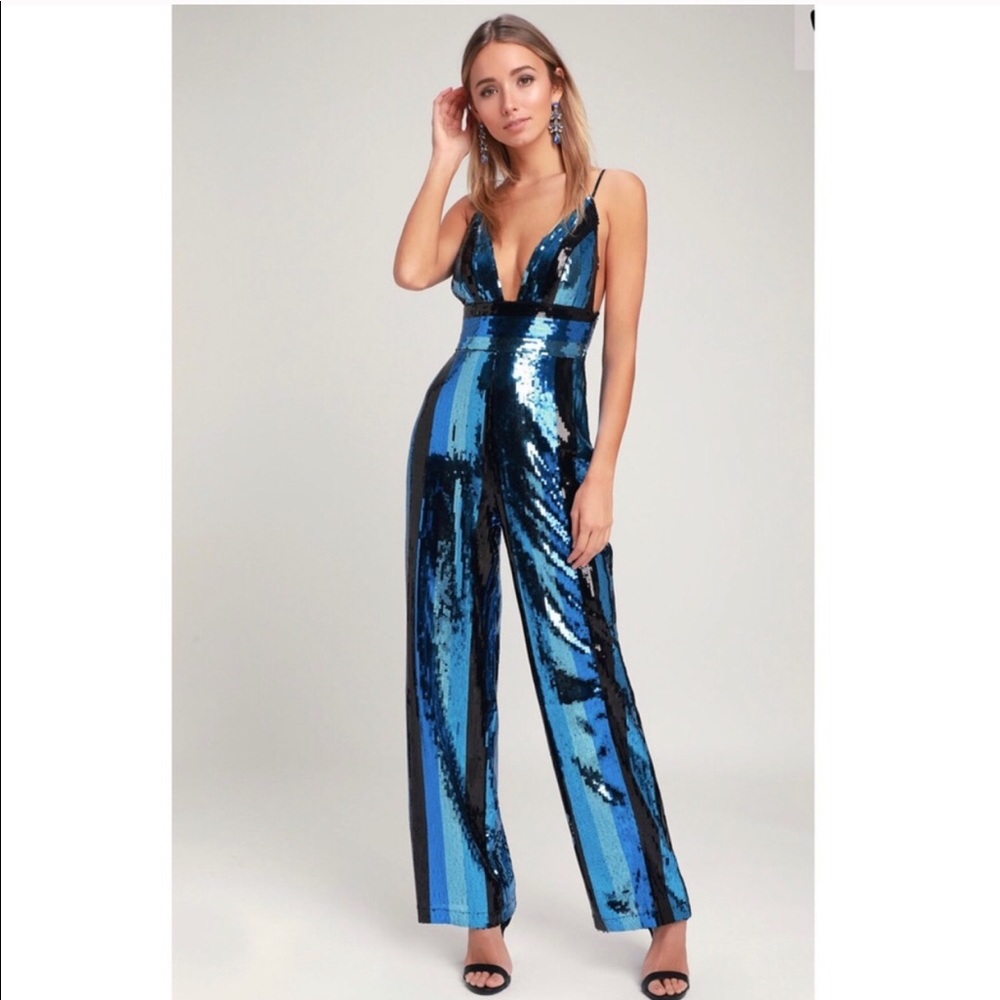 Lulus Sibyl Blue Multi Striped Sequin Jumpsuit